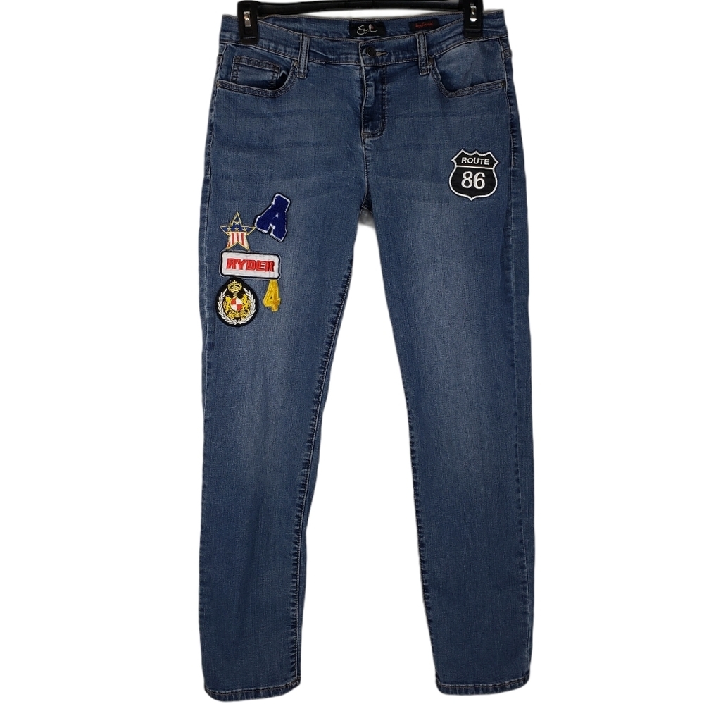 Earl Boyfriend Jeans Size 12 Embroidered Colorful Patches Route 66 Blue Denim